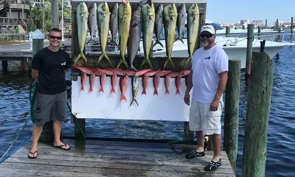 Two men posing by a dock with a large catch of fish hanging on display boards