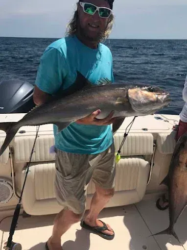 Person on a boat holding a large fish, with ocean and blue sky in the background.