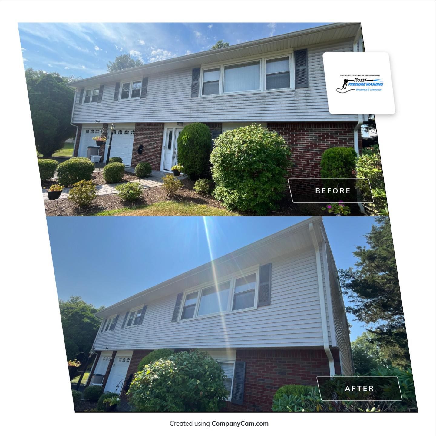 Two-story house before/after exterior improvements. Top section: