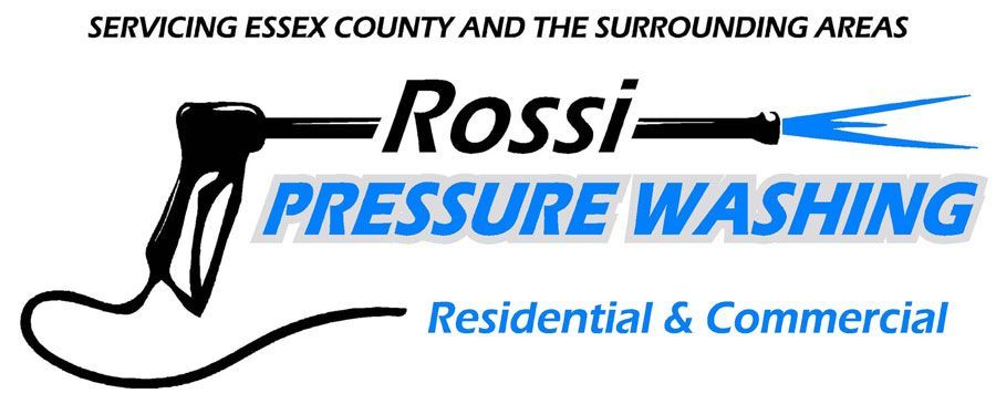 Logo: Rossi Pressure Washing, black pressure washer graphic, blue text, servicing Essex County.