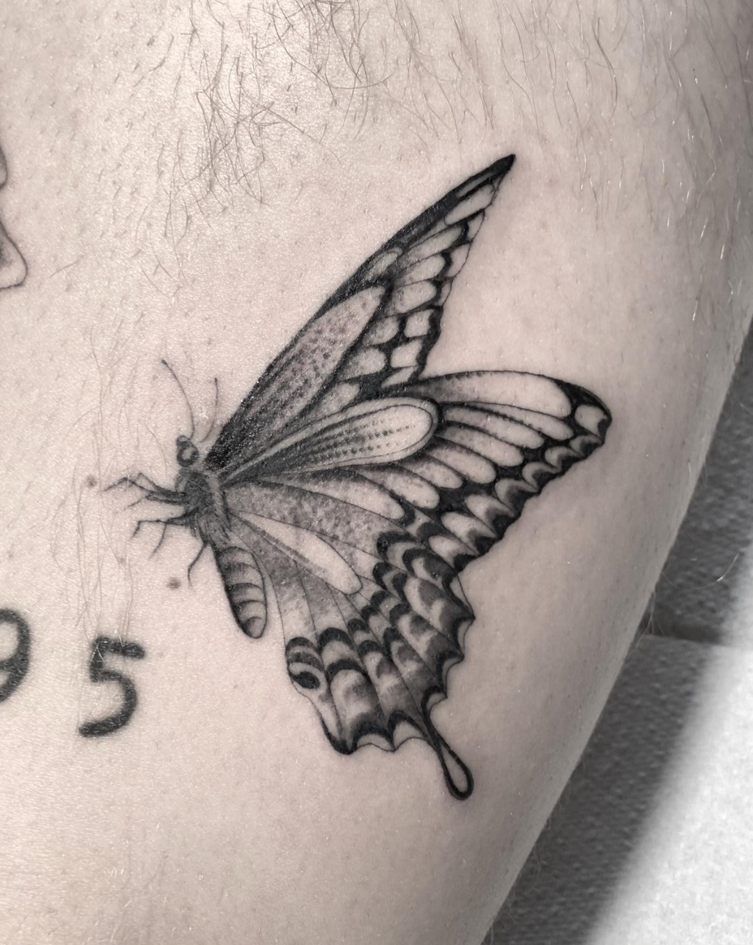 Black-and-gray butterfly tattoo on skin with fine wing details and a small number partially visible nearby