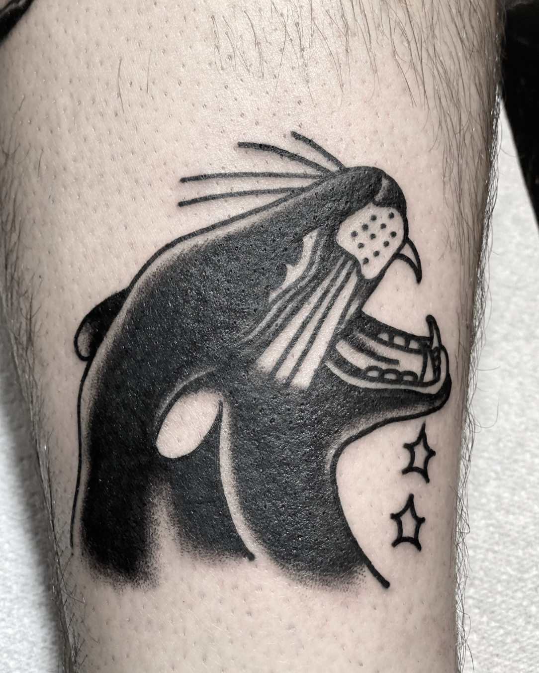 Black-and-white tattoo of a snarling jaguar or panther head with stars on a leg
