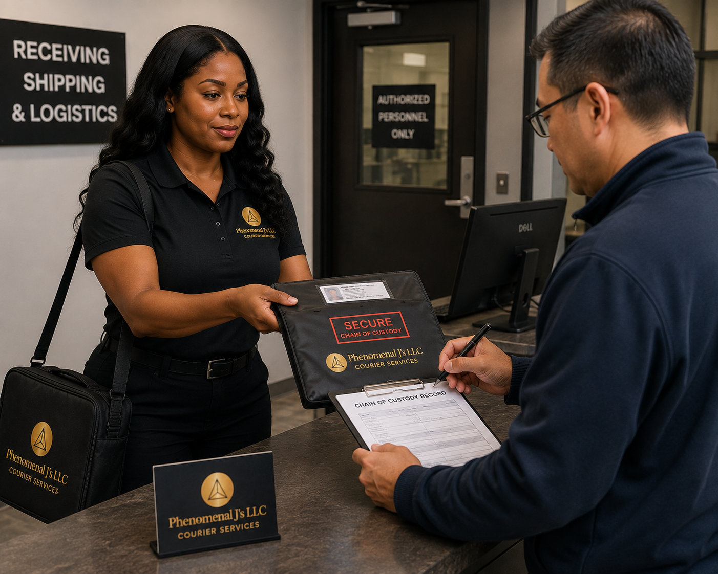 Phenomenal Js representative handing a secured package to a customer