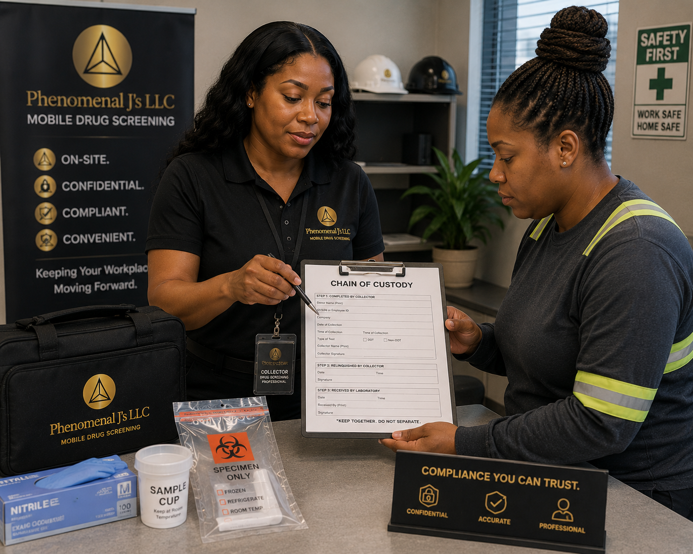 Phenomenal Js representative reviewing paperwork with a customer