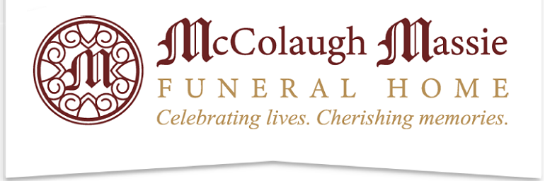 McColaugh Massie Funeral Home logo with maroon emblem and text, “Celebrating lives. Cherishing memories.”