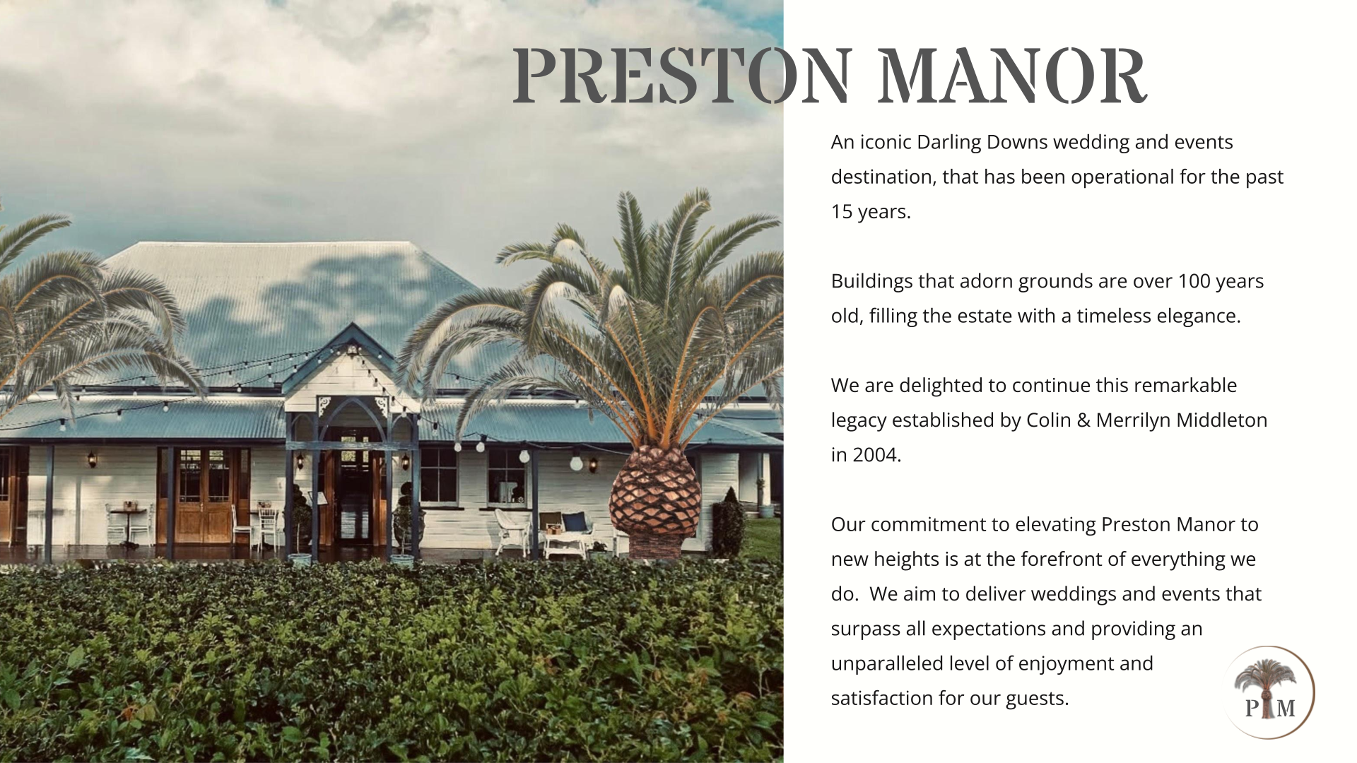 Preston Manor facade with palm tree, vineyards, and text overlay. Building has white exterior, brown doors, and mountains in the background.