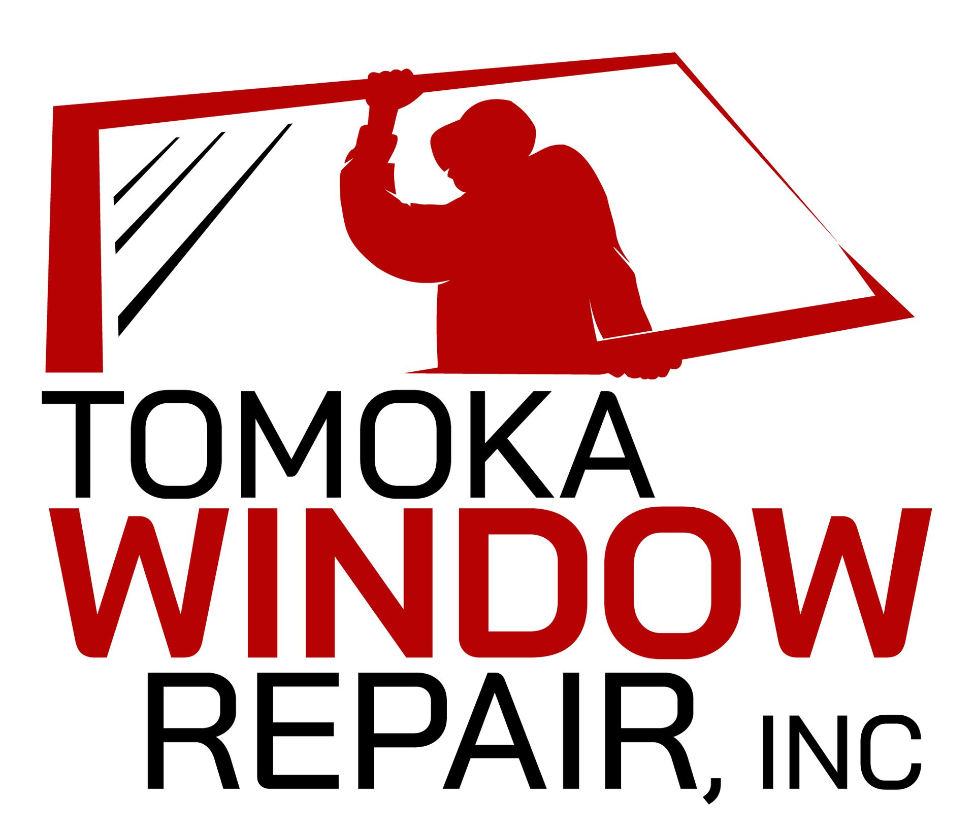 A red and black logo for tomoka window repair inc