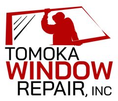 A red and black logo for tomoka window repair inc