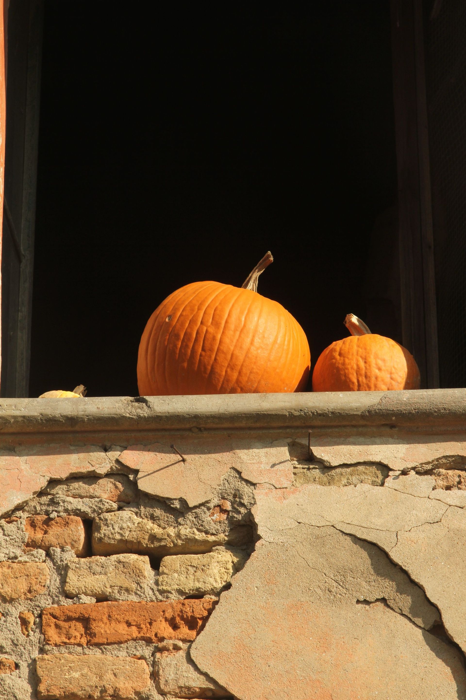 Two small orange pumpkins on a weathered stone ledge against a dark window.