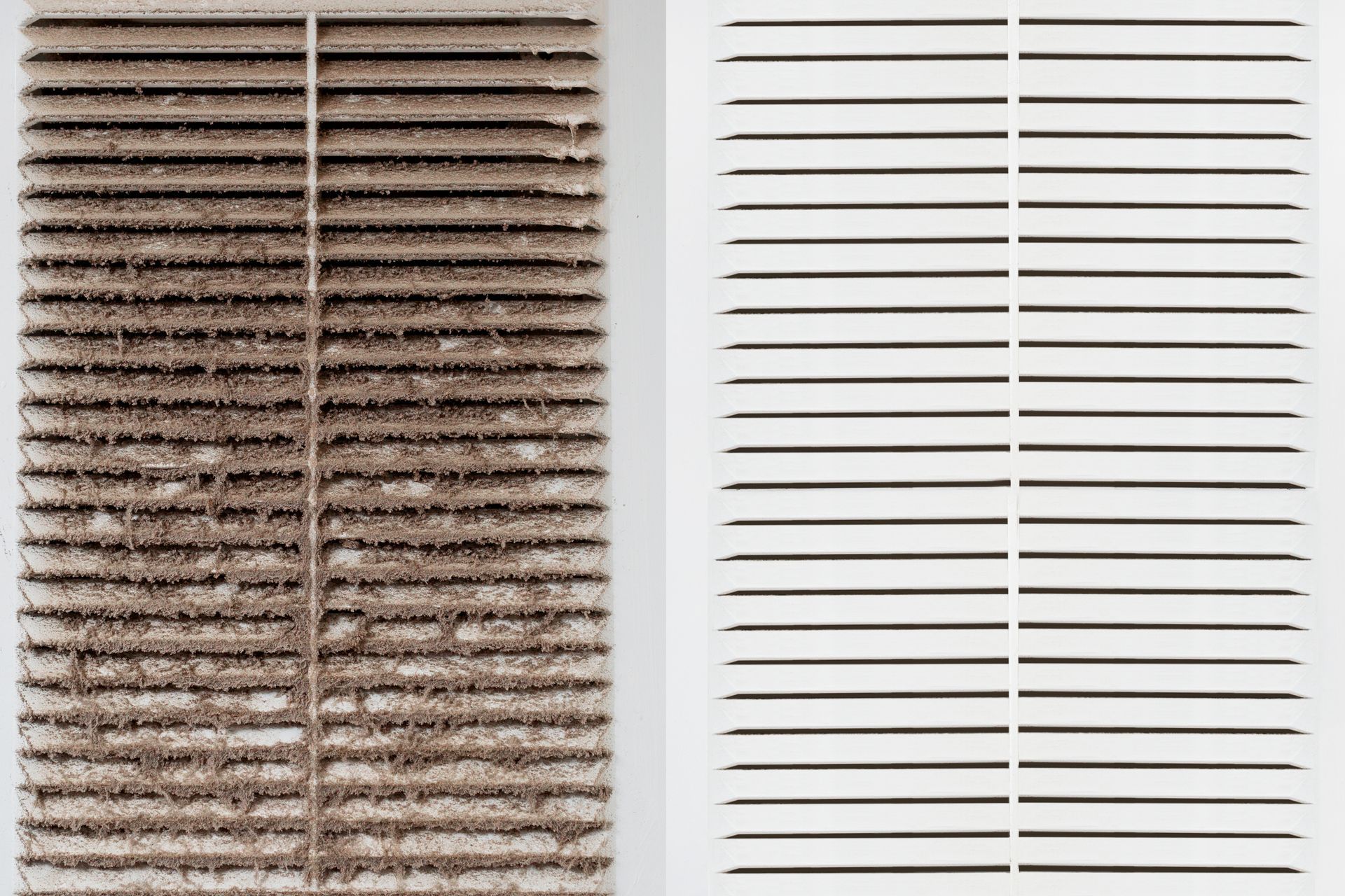 Grille d'aération avant et après nettoyage : à gauche, une grille sale ; à droite, une grille propre.