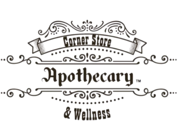 Corner Store Apothecary & Wellness logo with script text and decorative flourishes.