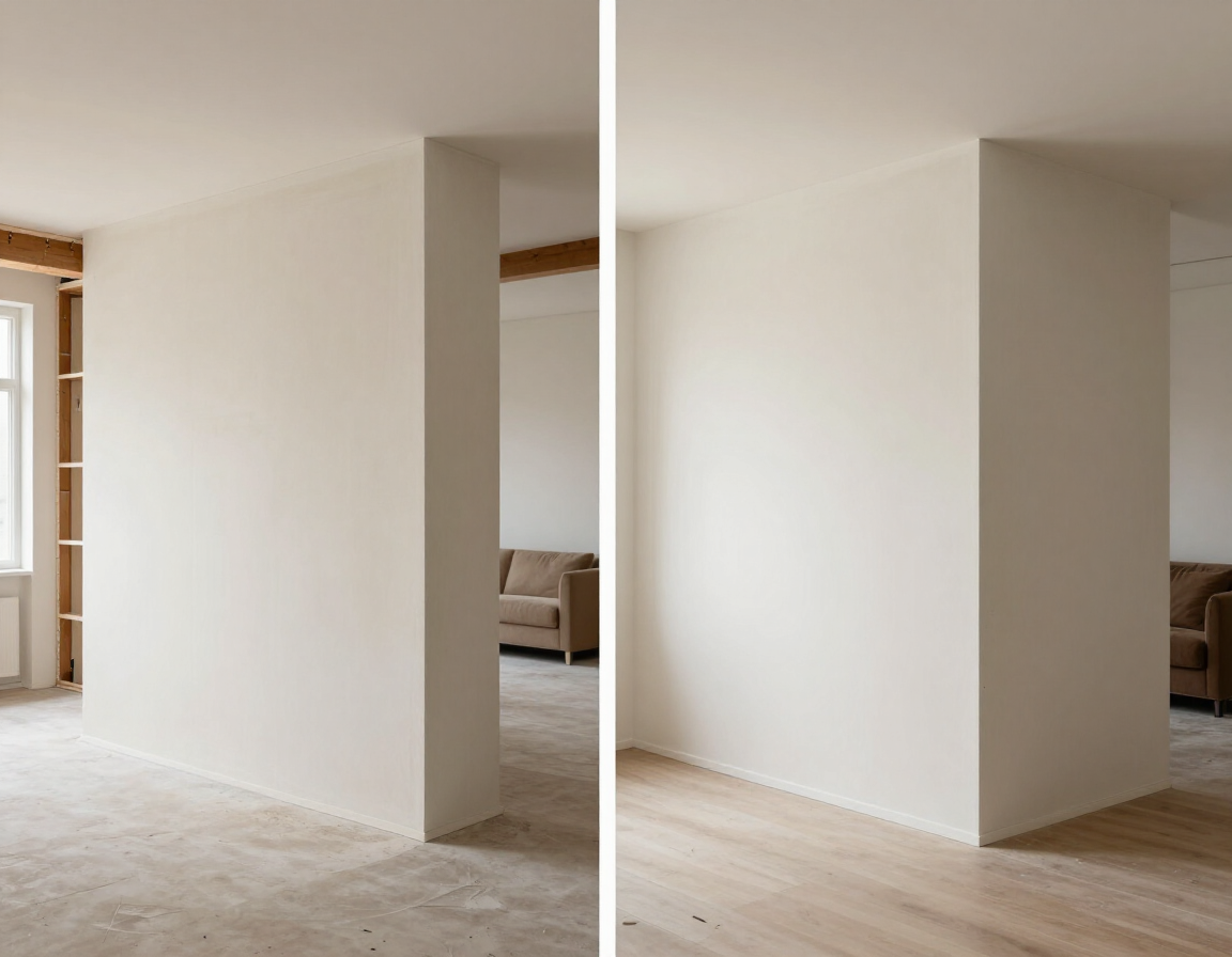 Comparativa antes y después de un muro divisorio en interior residencial