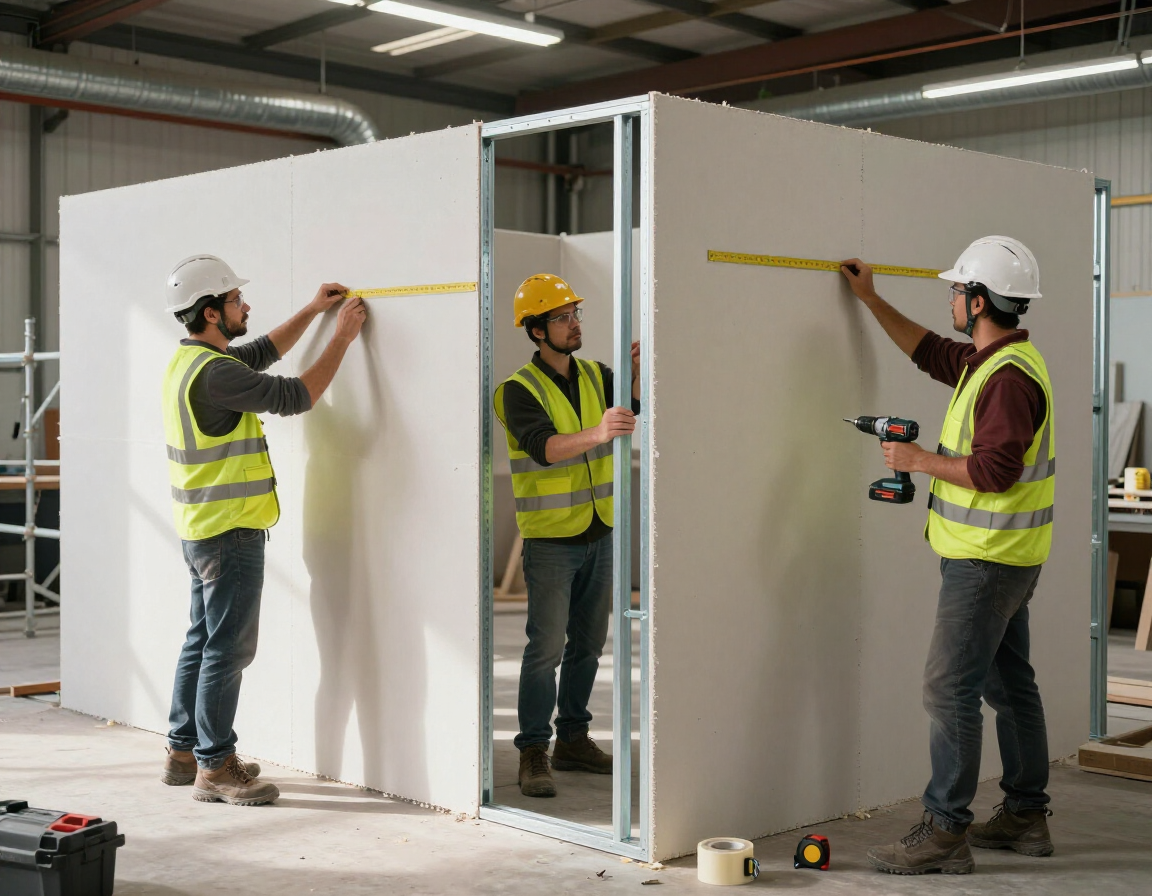 Equipo instalando muros divisorios en obra industrial