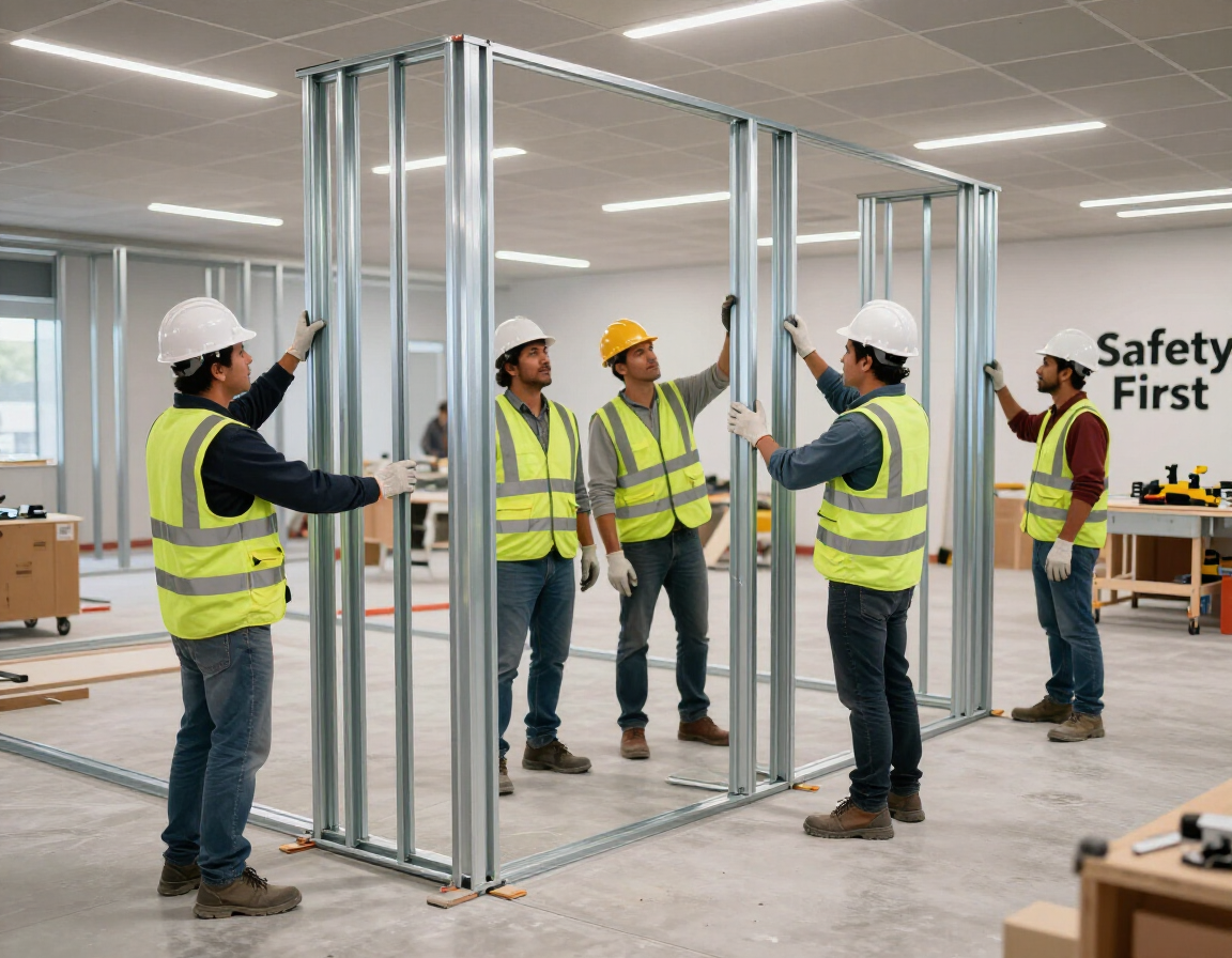 Equipo instalando estructura para tablaroca en un interior comercial