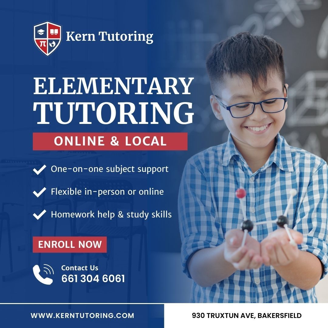 Advertisement for Kern Tutoring. A young student smiling and holding a molecular model.