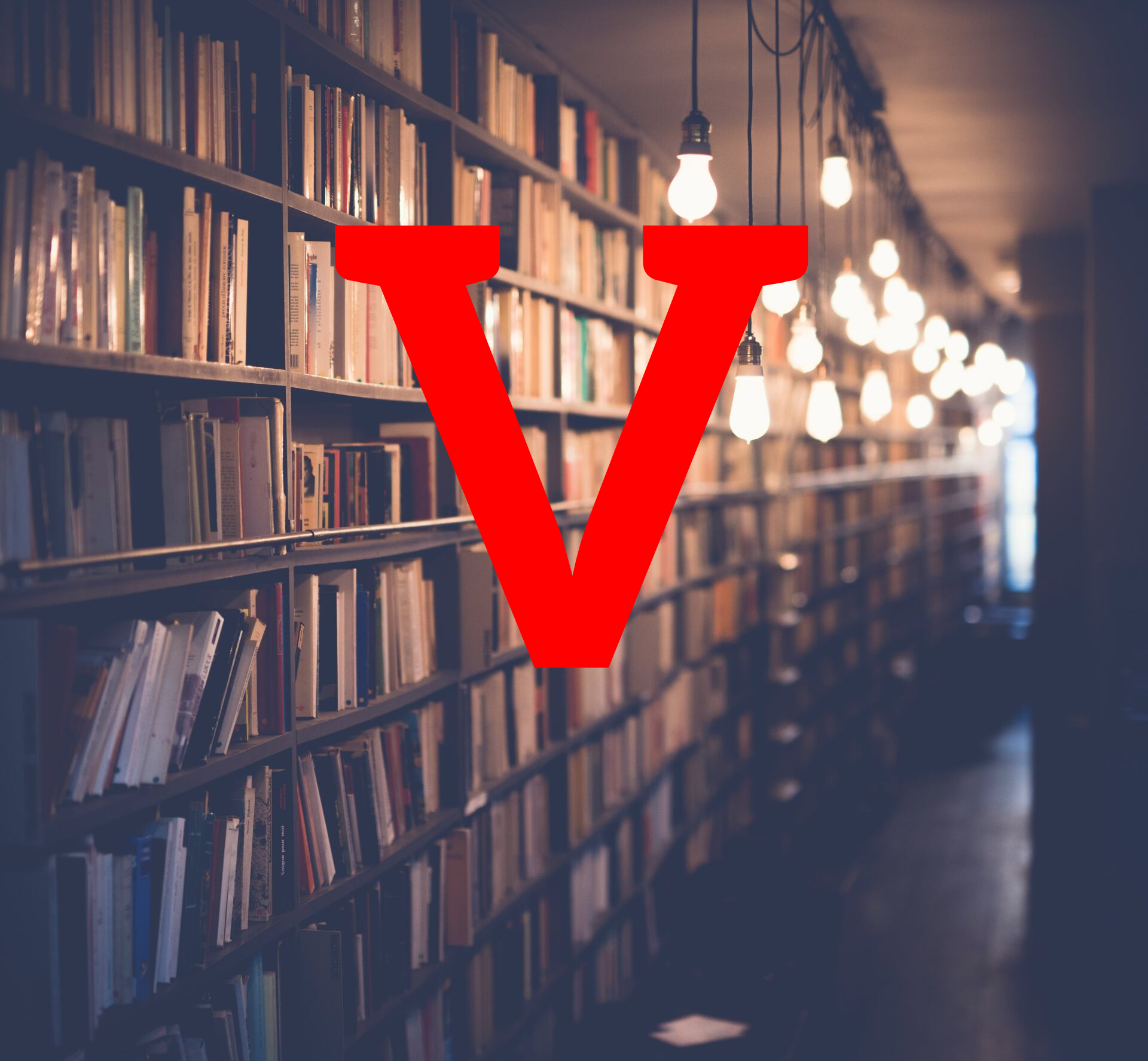 Bibliothek mit rotem Buchstabe V