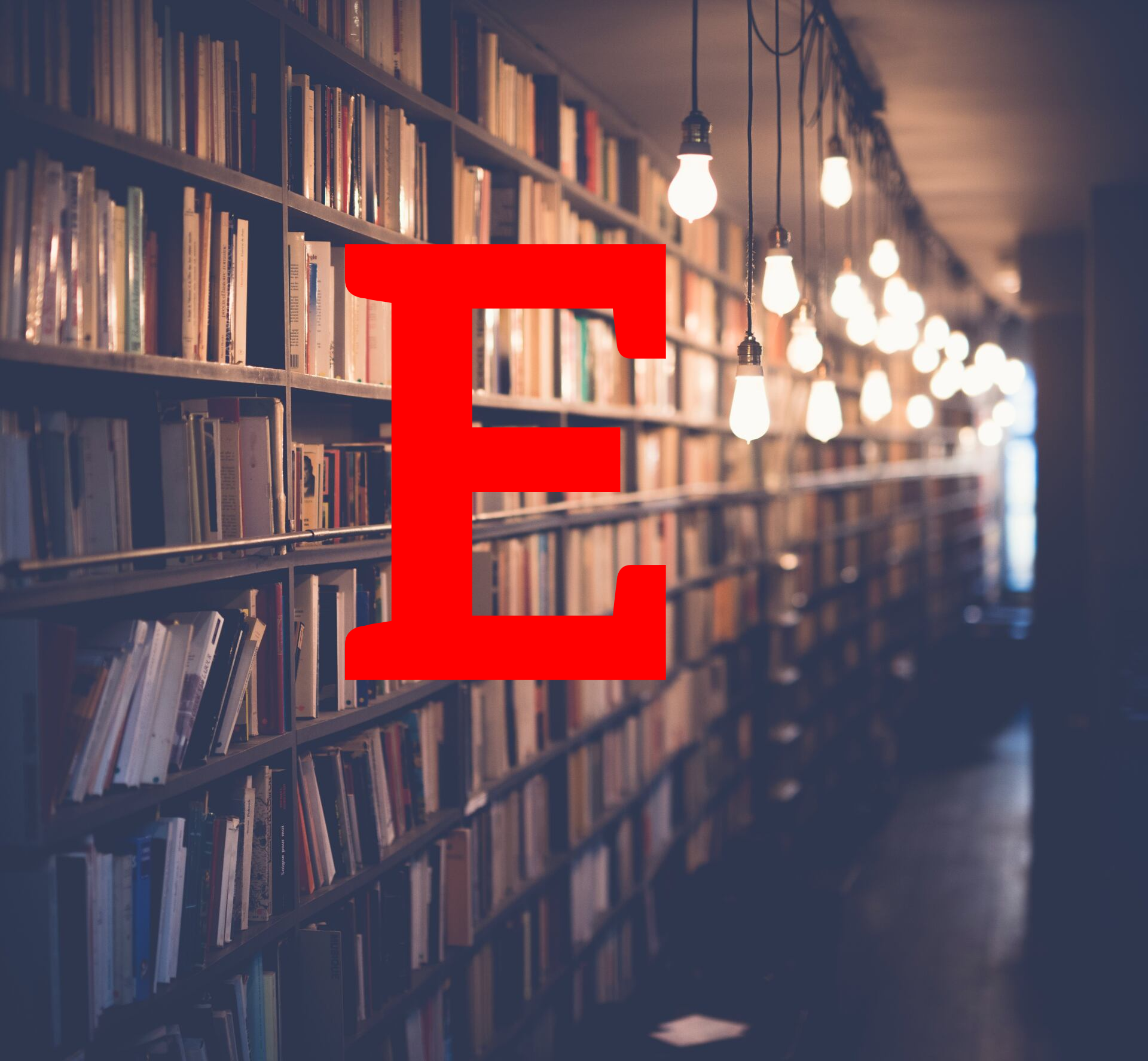 Bibliothek mit rotem Buchstabe E