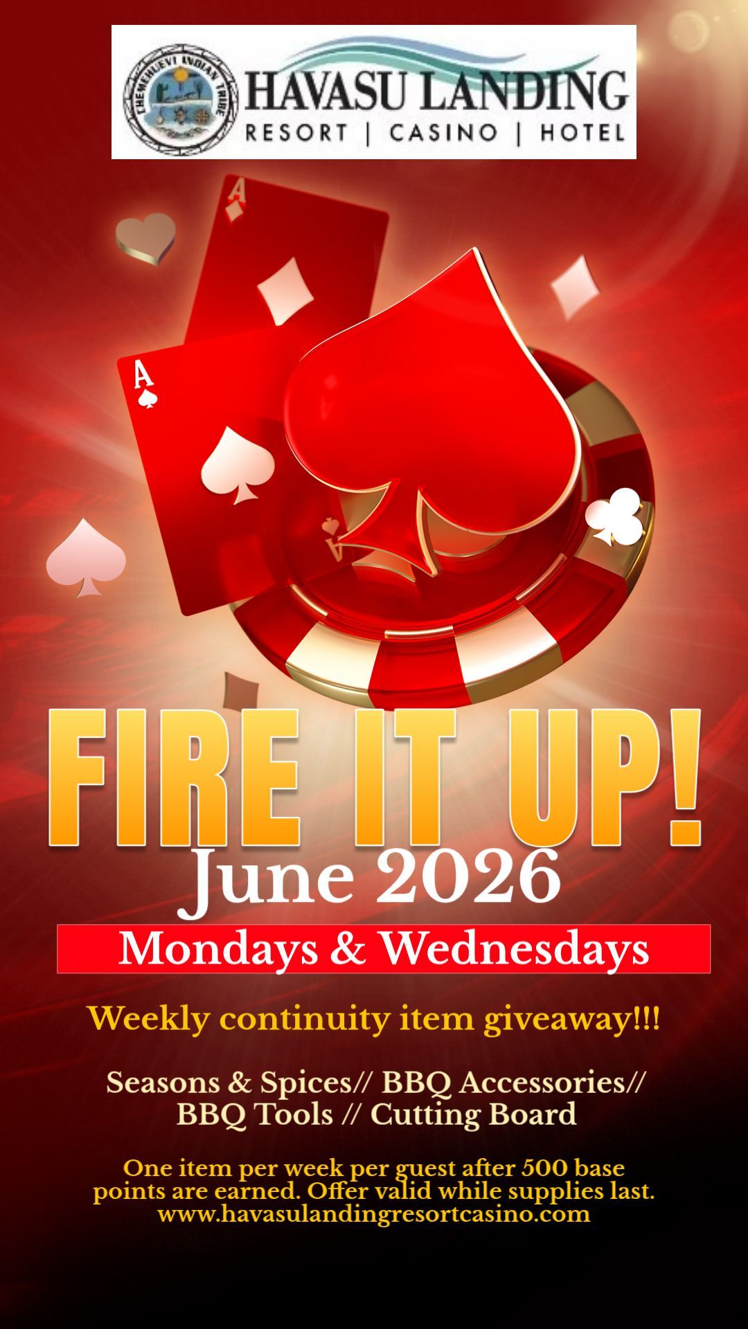 Havasu Landing Resort Casino Hots is hosting Fire It Up! June 2026 Mondays and Wednesdays poker-themed event.