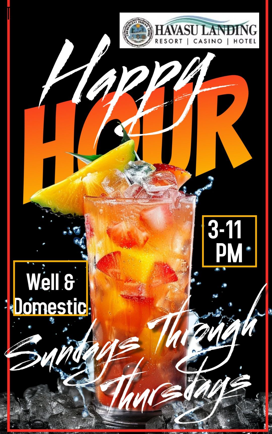 Happy hour ad with tropical cocktail, orange and blue background, Wed 3-11 PM, well and domestic drinks Sundays-Thursdays