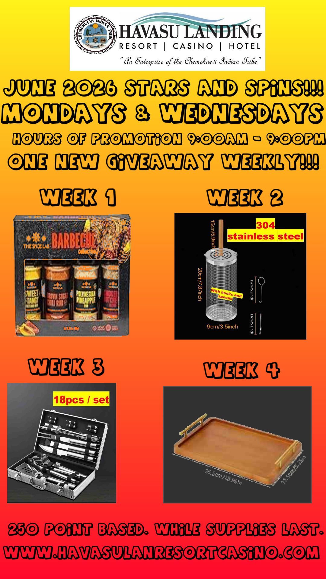 Flyer for Havasu Landing Casino’s June 2020 stars and spares Monday/Wednesday weekly giveaway, weeks 1–4 prizes shown.