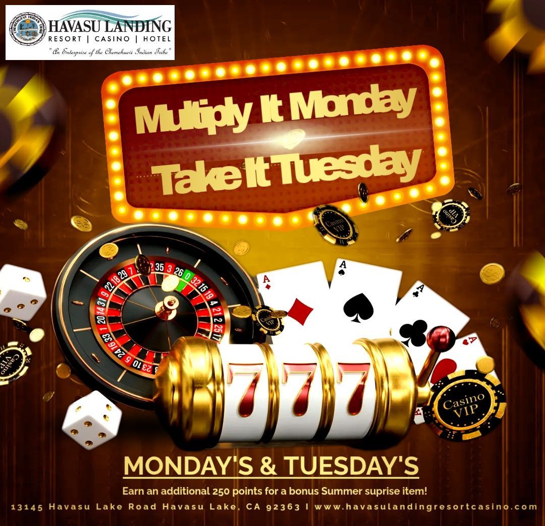 Casino promo with roulette, dice, and 777 slot reels, featuring Multiply It Monday, Take It Tuesday text