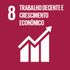 Ícone vermelho do ODS 8 com gráfico branco em alta e texto “Trabalho decente e crescimento econômico”.