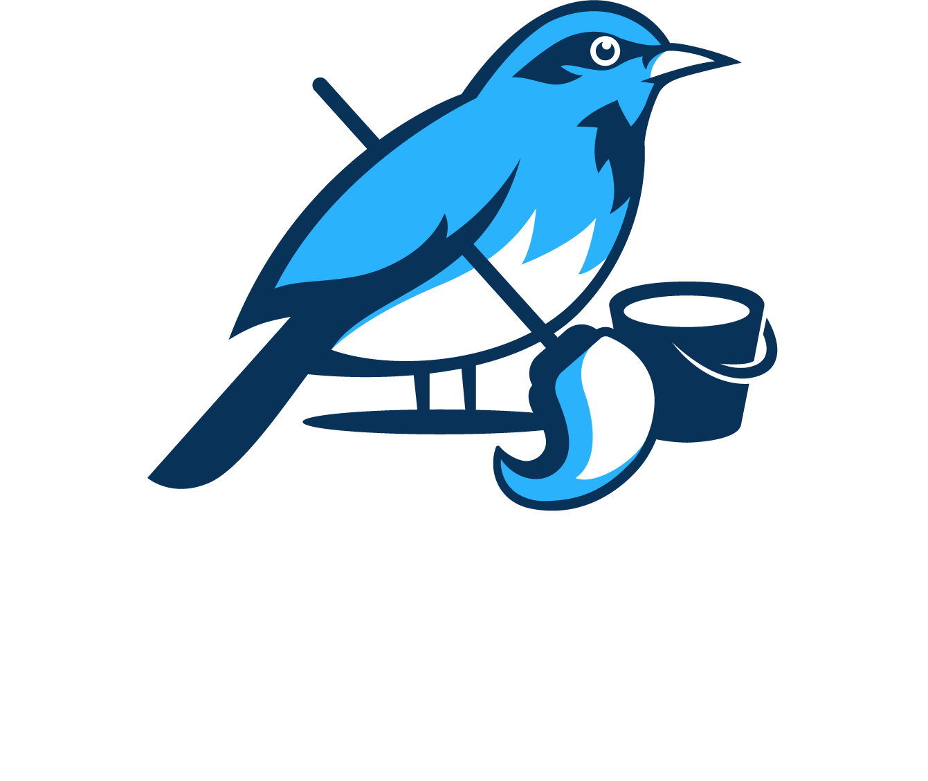 A blue bird is sitting on a branch next to a cup.