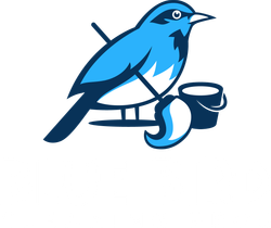 A blue bird is sitting on a branch next to a cup.