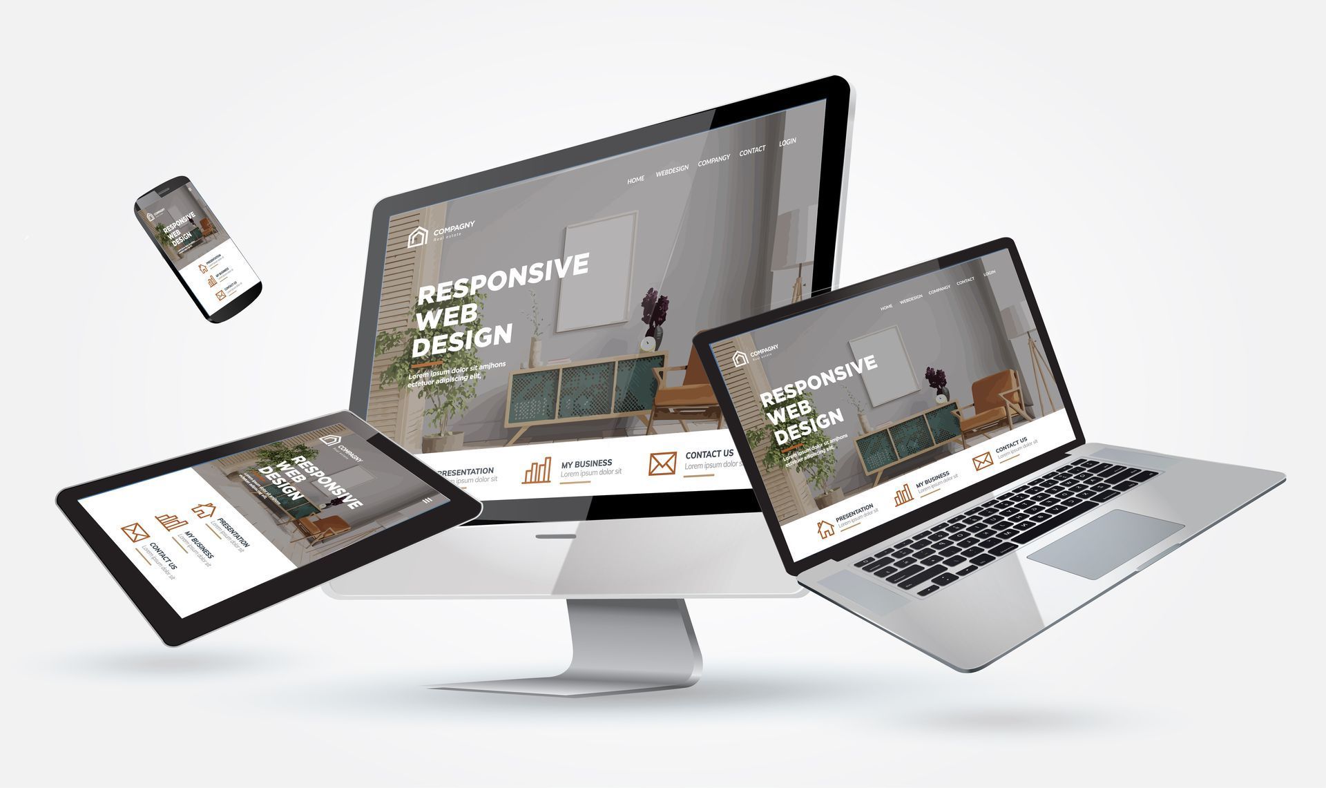 Website displaying on smartphone, tablet, laptop, and desktop computer, showcasing responsive web design.