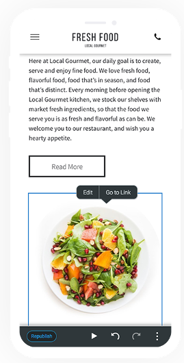 Mobile screen showing text and a salad image with play controls.