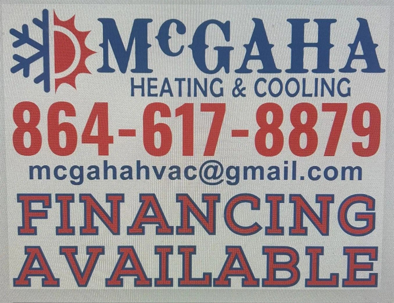 McGaha Heating & Cooling sign with phone number, email, and “Financing Available” in red and blue