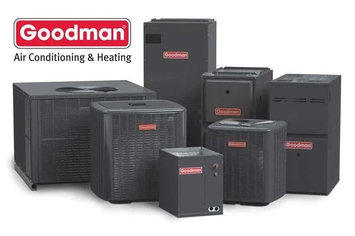 Goodman Air Conditioning & Heating logo with a lineup of black HVAC units on a white background