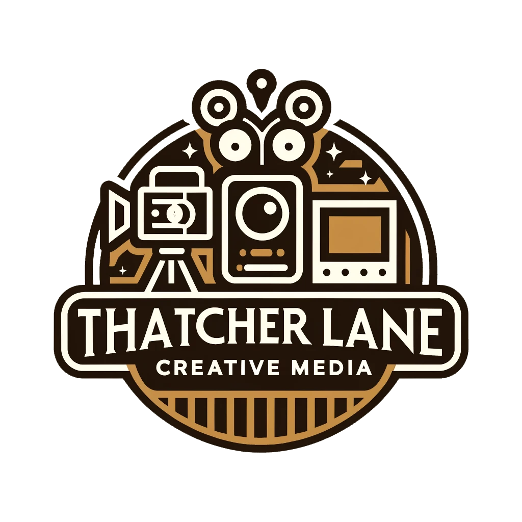 Logo for Thatcher Lane Creative Media: a circular design with film equipment and text in brown and white.