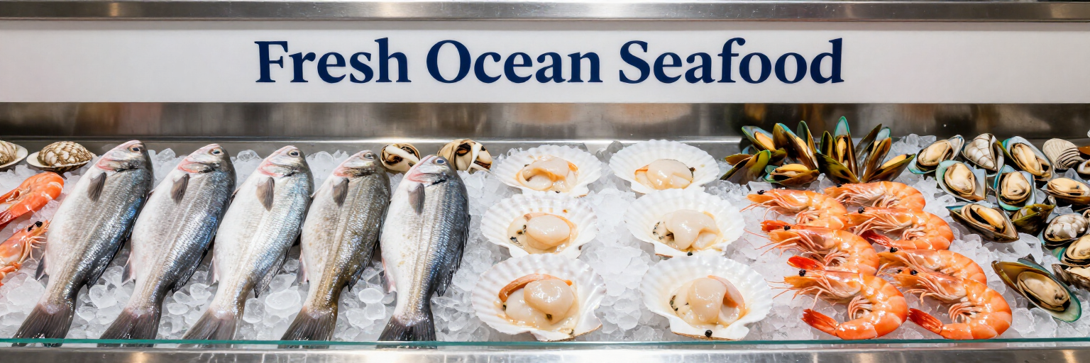 Letrero de Fresh Ocean Seafood sobre una exhibición de pescado, camarones y bandejas de sushi sobre hielo.