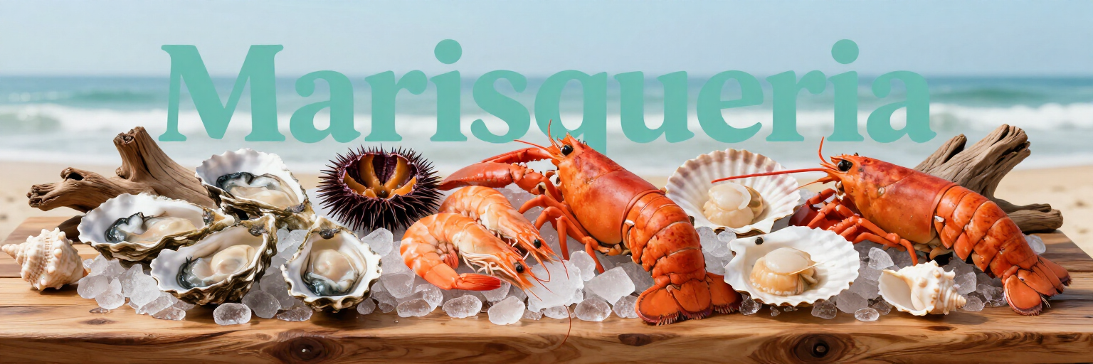 Surtido de mariscos sobre hielo con ostras, cangrejo, camarones y la palabra “Marisquería” en texto color turquesa.