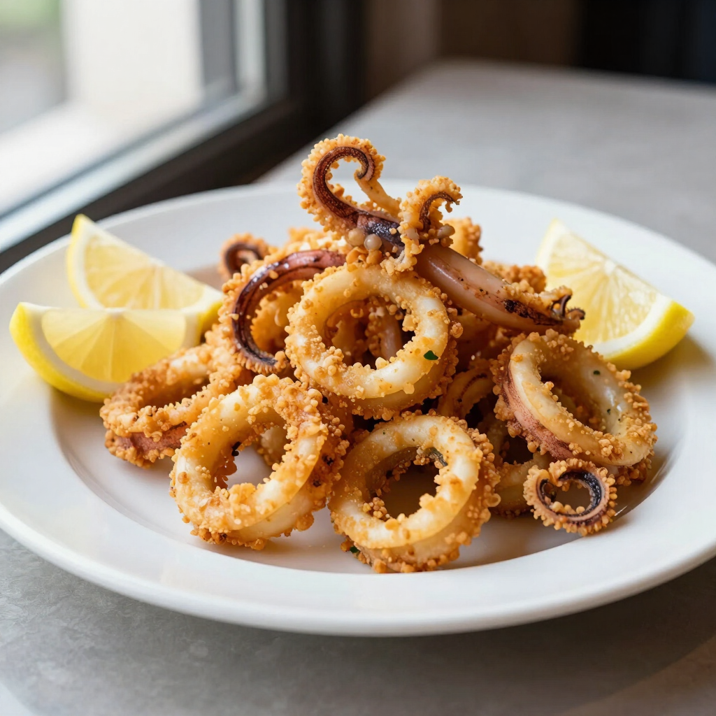 Plato de aros de calamar fritos crujientes con rodajas de limón sobre una mesa.