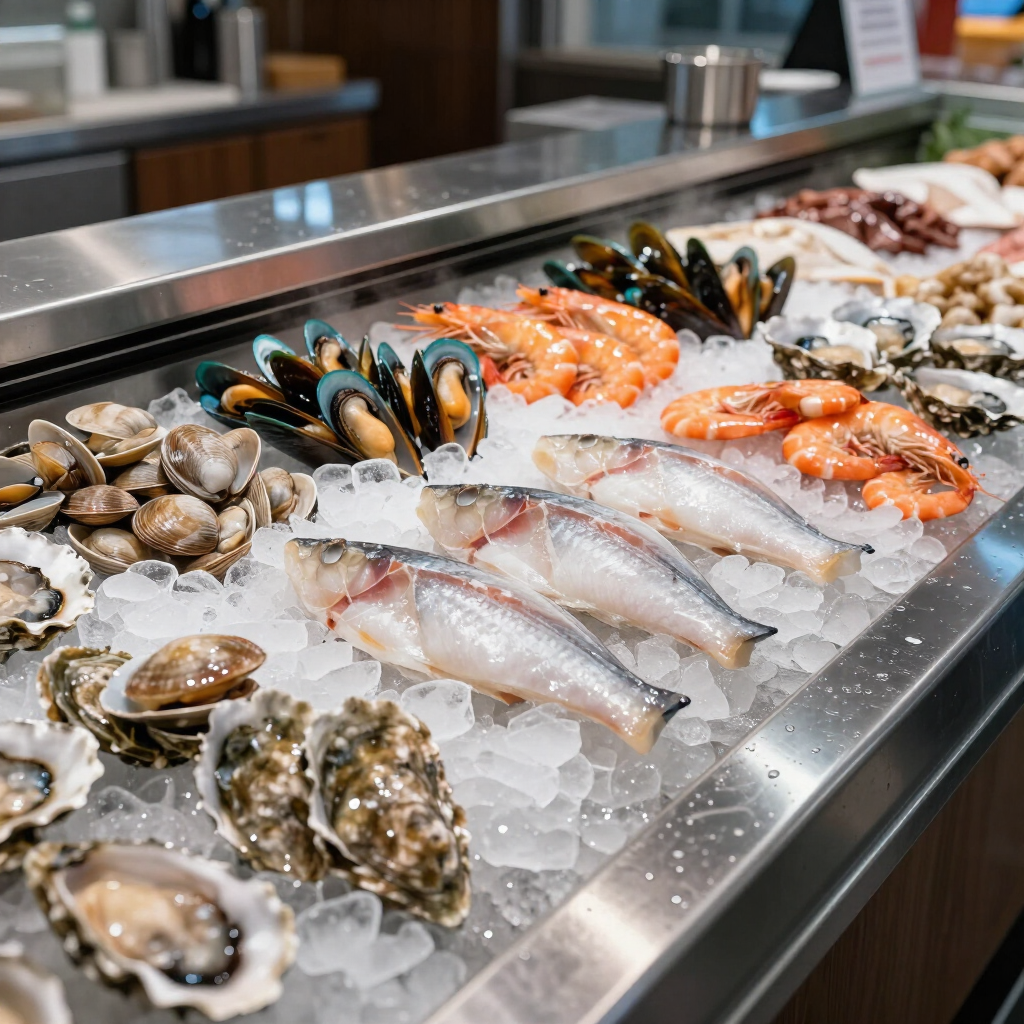 Exhibición de mariscos sobre hielo con ostras, mejillones, camarones y pescado entero en un mostrador de mercado.