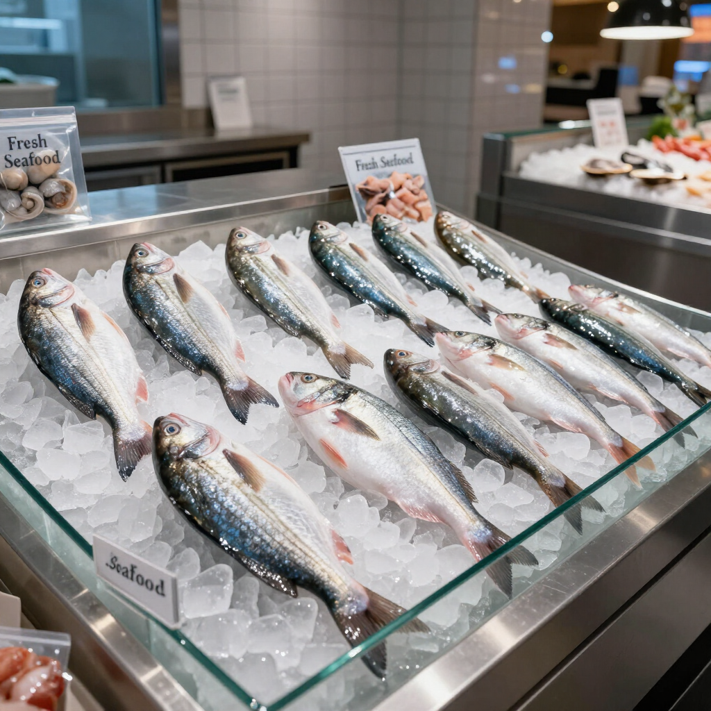 Pescado fresco expuesto sobre hielo picado en un mostrador de mariscos en un mercado.
