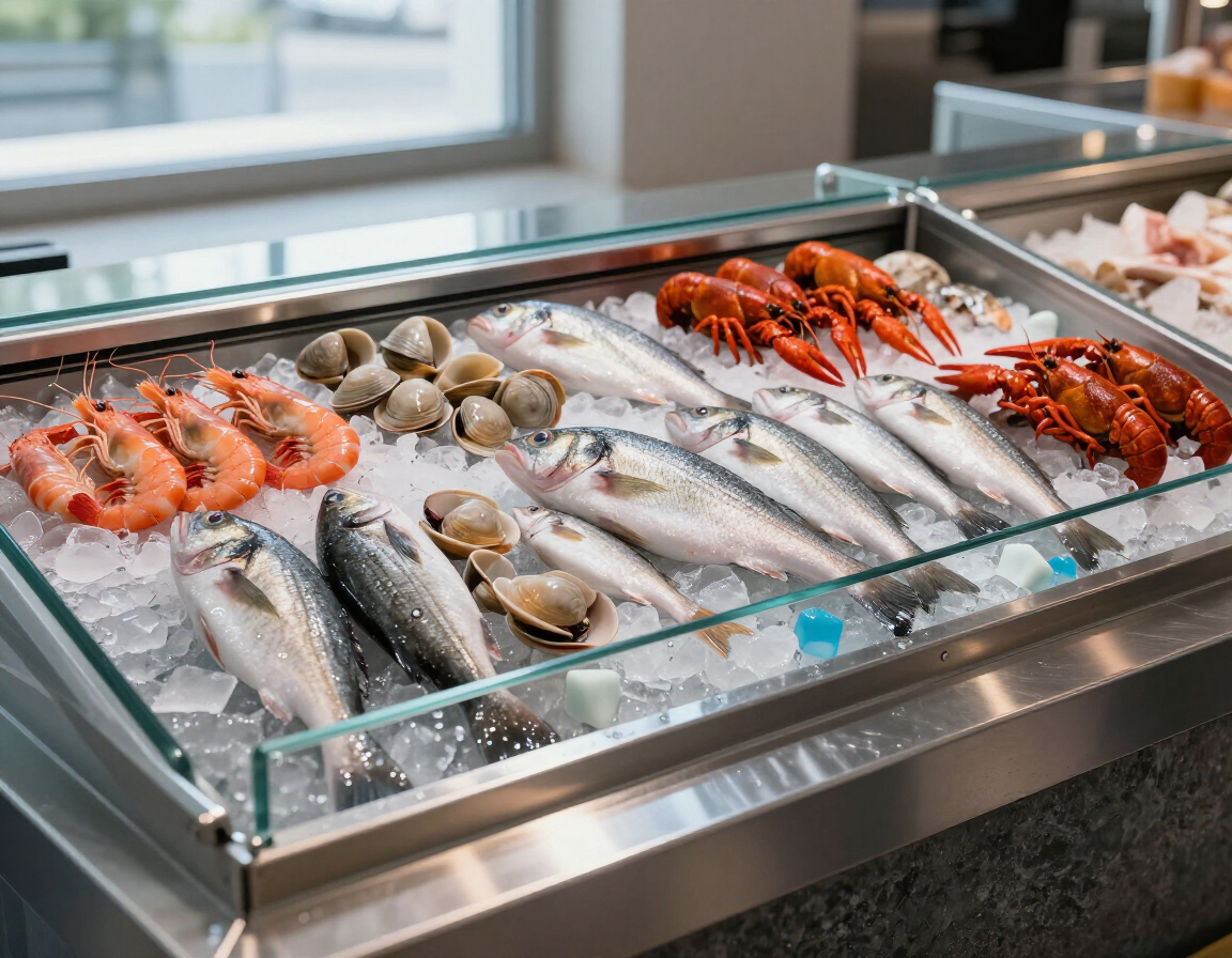 Mariscos expuestos sobre hielo en una vitrina de cristal, con camarones, pescados, cangrejos y mariscos clasificados por tipo.