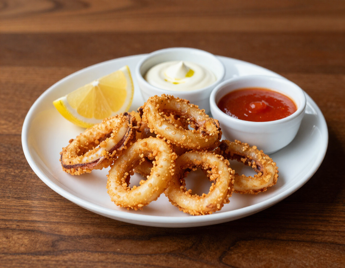 Plato de calamares fritos dorados con rodajas de limón y salsas para mojar sobre una mesa de madera.