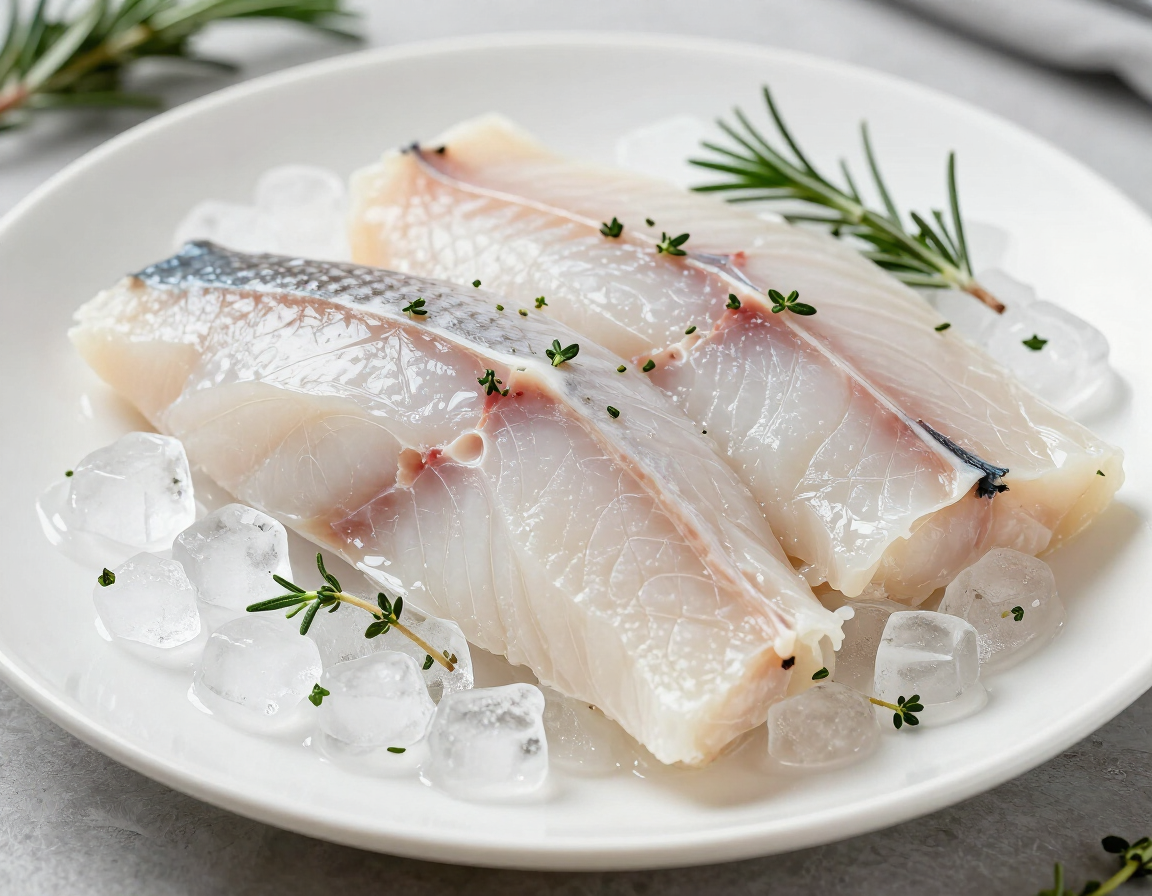 Filetes de pescado crudo en un plato blanco con hielo, hierbas y ramitas de romero.