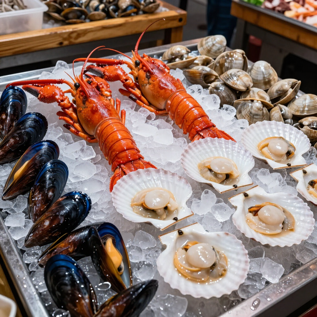 Exhibición de mariscos en el mercado con langostas, mejillones y vieiras sobre hielo picado.