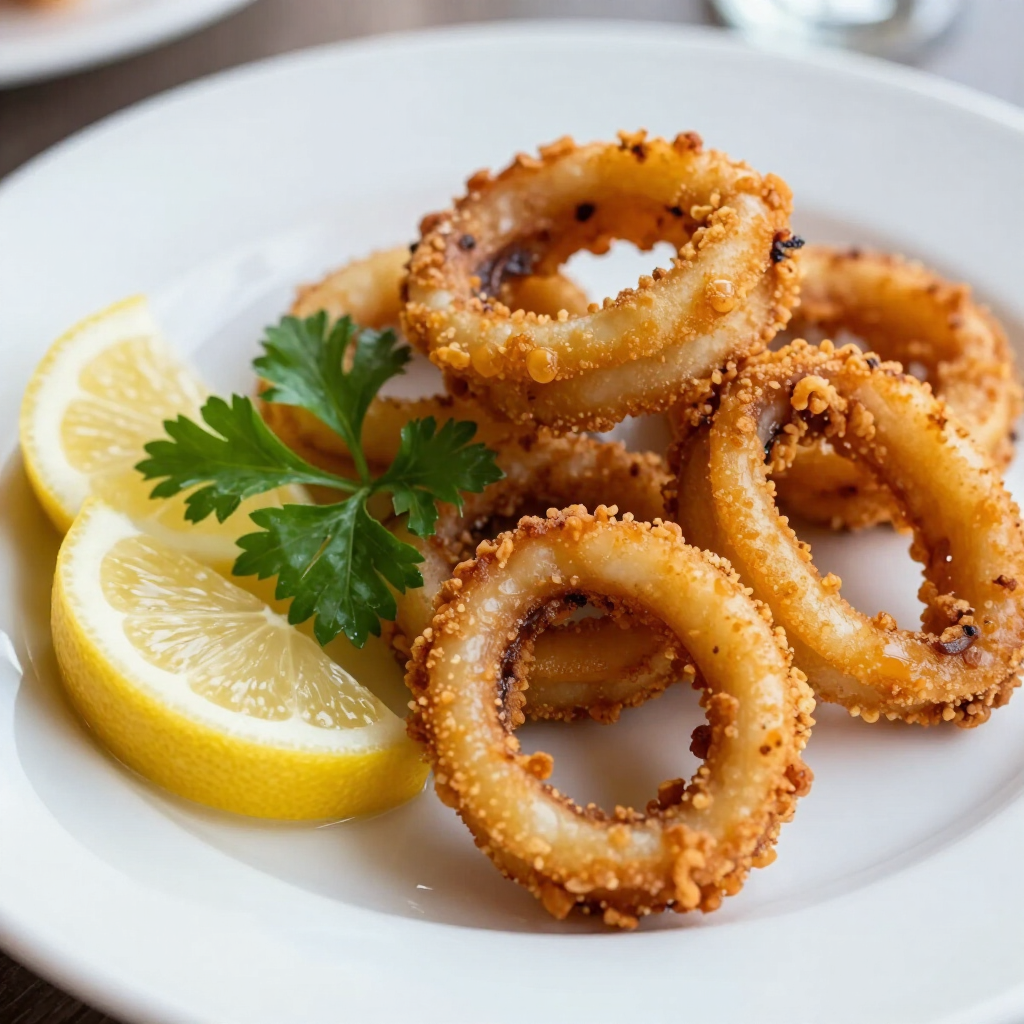 Anillas de calamar fritas y crujientes servidas en un plato blanco con rodajas de limón y perejil picado.