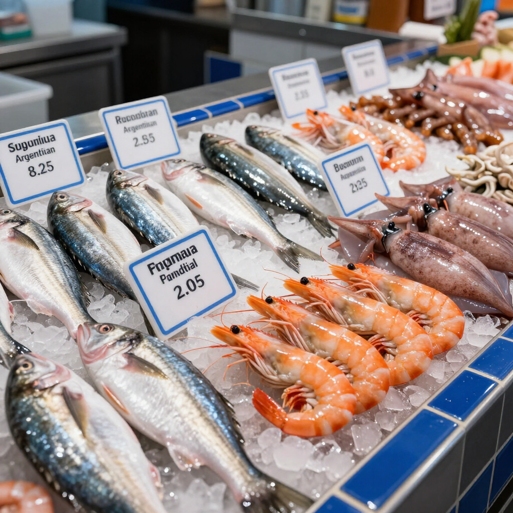 Exhibición de mariscos con pescado, camarones y calamares sobre hielo, etiquetados con precios en un mostrador del mercado.