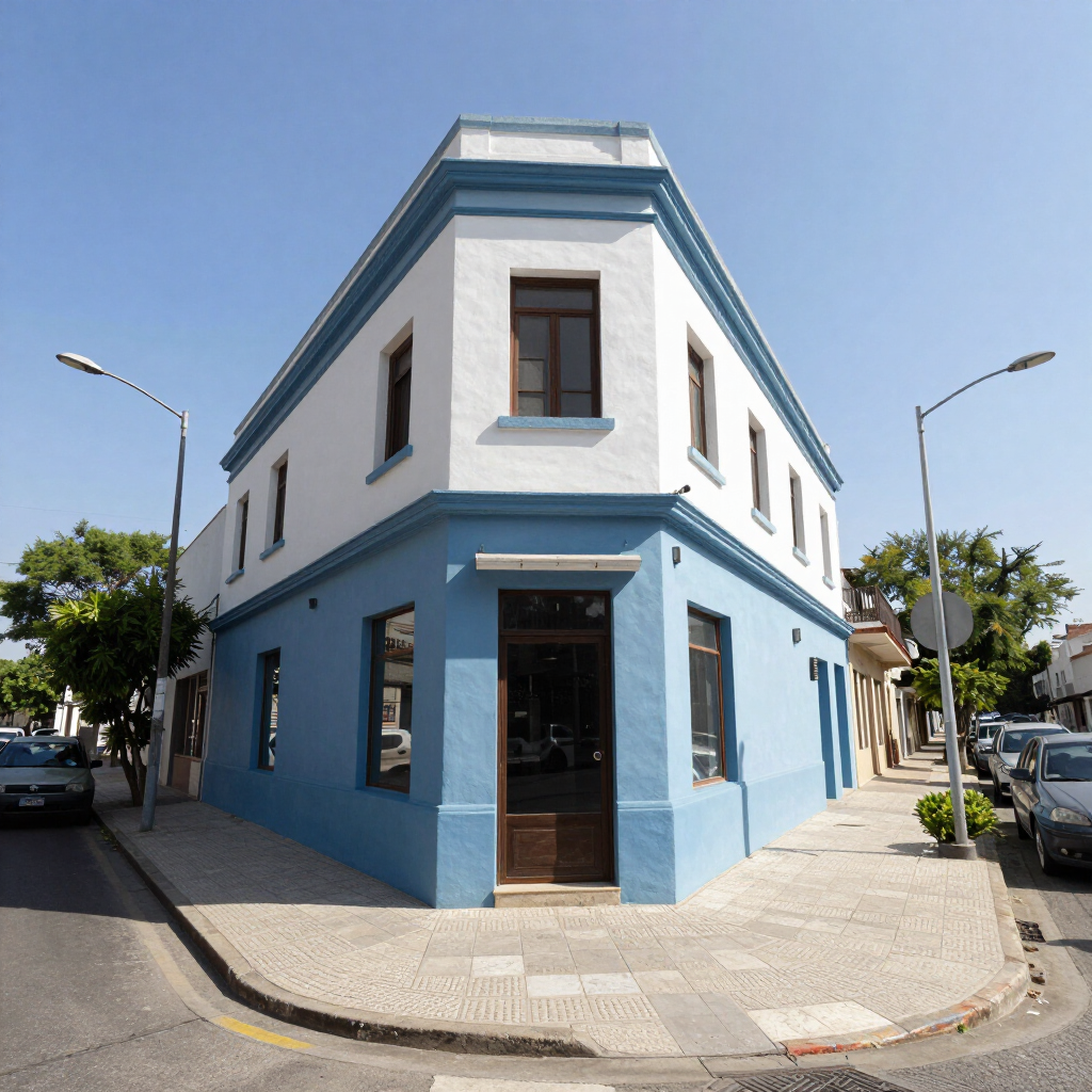 Vista de una esquina de un edificio azul y blanco en una esquina de la calle con coches aparcados y árboles cerca.