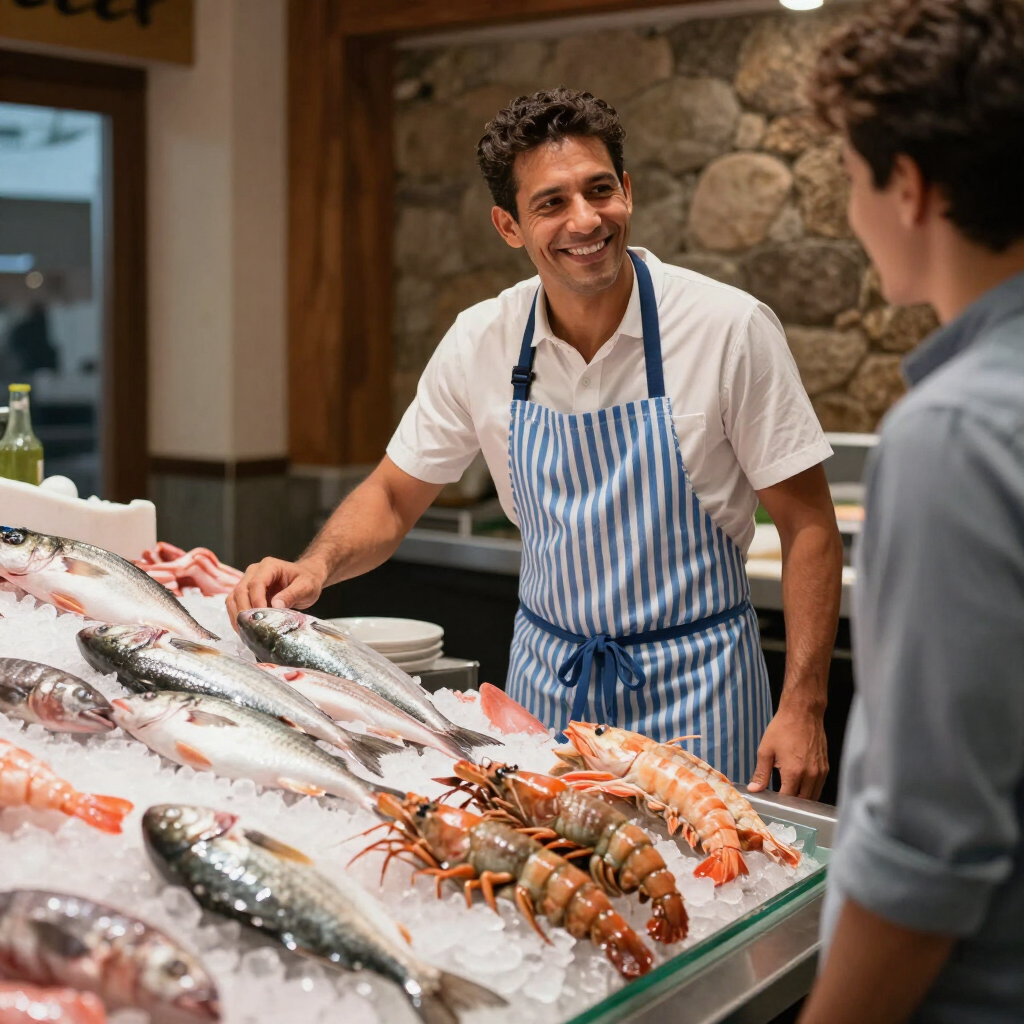Un pescadero sonríe detrás del mostrador de mariscos, atendiendo a un cliente en un mercado.