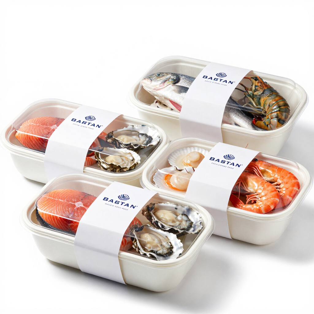 Cuatro recipientes de plástico transparente para aperitivos con surtido de sushi y mariscos sobre un fondo blanco.