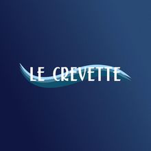 Texto blanco “LE CREVETTE” sobre un fondo azul oscuro con vetas azul claro.