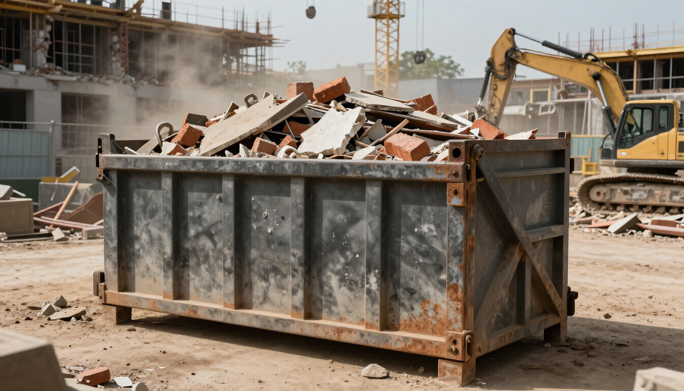 Gran contenedor metálico lleno de escombros de construcción en una obra de demolición, con grúas y un edificio al fondo.