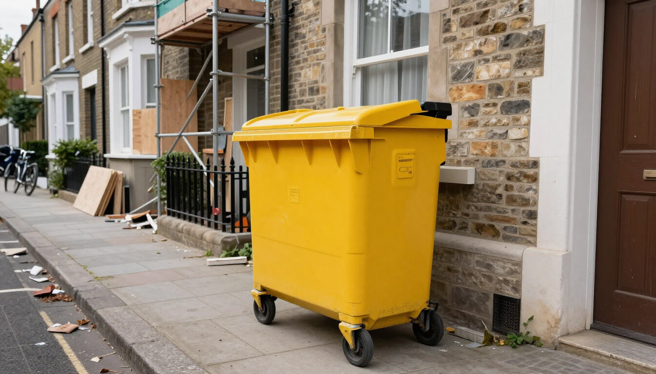 Contenedor de basura amarillo en una acera junto a casas adosadas y andamios.